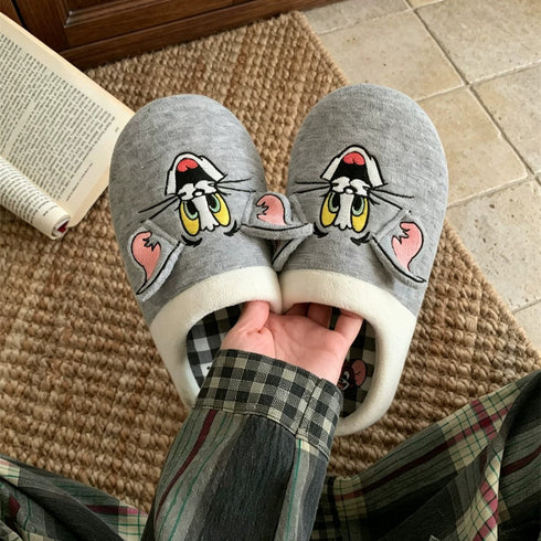 Cartoon Cat Mouse Plaid Slippers