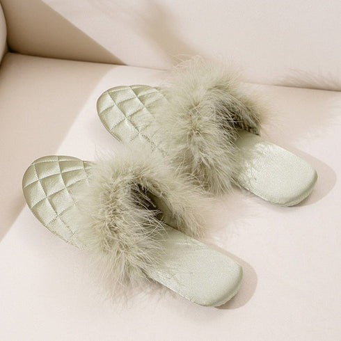 Feather-Pom Quilted Lounge Slippers