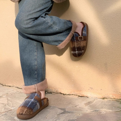 Fuzzy Plaid Buckle Clogs