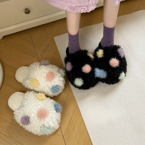 Fuzzy Pom Pom Dot Slippers
