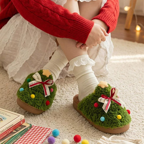 Christmas Tree Bowknot Plush Slippers