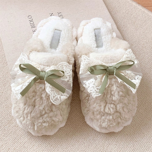 Lace Bow Plush House Slippers