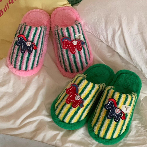 Striped Horse Patch Plush Slippers