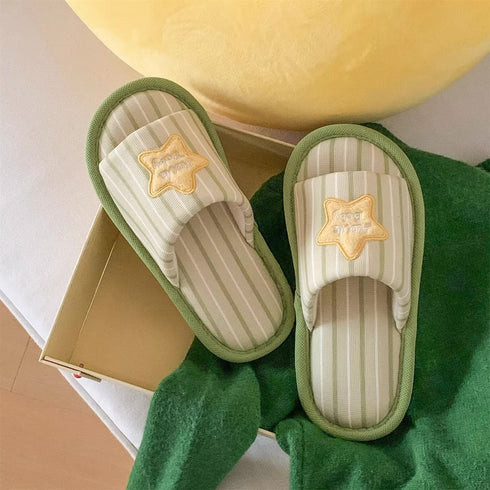 Striped Star Patch Linen Slippers