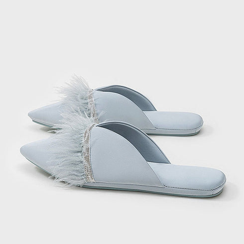 Chic Satin Feather Rhinestone Slides