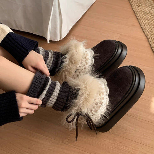 Fuzzy Lace Trim Platform Ankle Boots