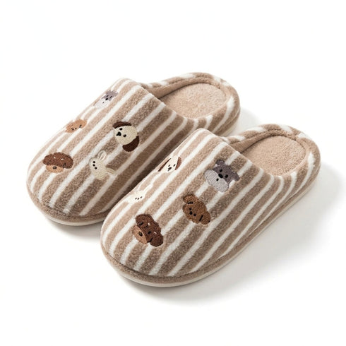 Striped Puppy Embroidered House Slippers