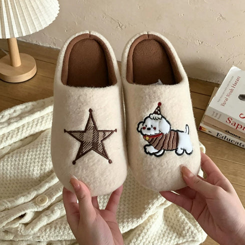 Embroidered Star Puppy Fleece Slippers