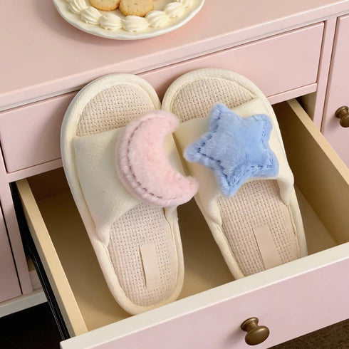 Plush Star Moon Linen Slides