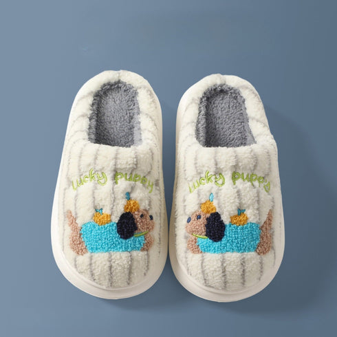 Embroidered Striped Puppy Plush Slippers