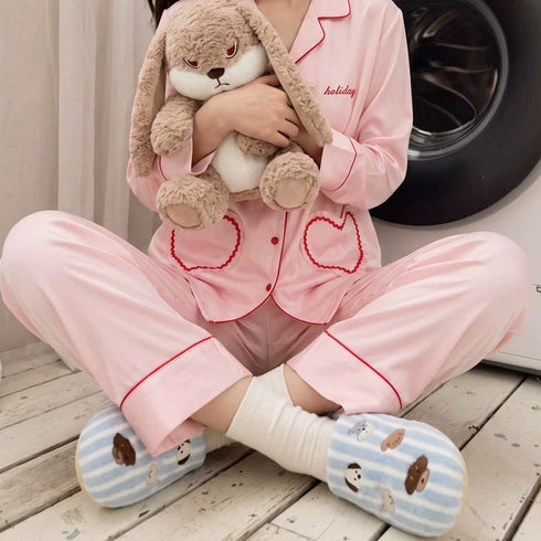 Striped Puppy Embroidered House Slippers