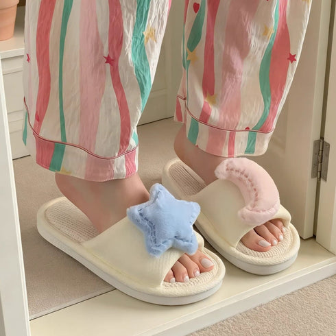 Plush Star Moon Linen Slides