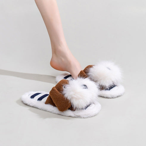Furry Puppy Striped Plush Slides