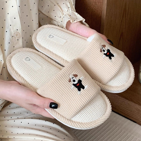 Dog-Embroidered Corduroy Home Slides