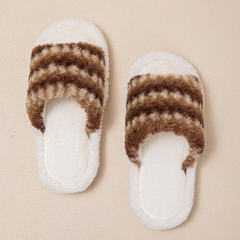 Striped Fuzzy Open-Toe Slippers