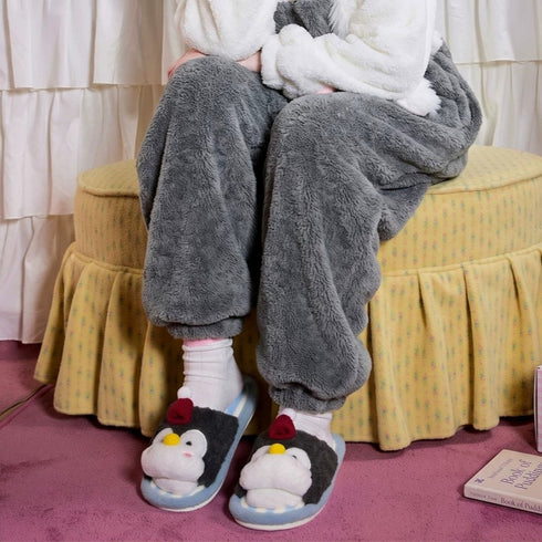 Striped Penguin Beanie Plush Slippers