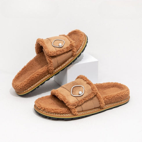 Pearl Buckle Fuzzy Warm Slides