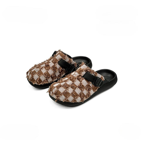 Frayed Checkerboard Buckle Strap Mules
