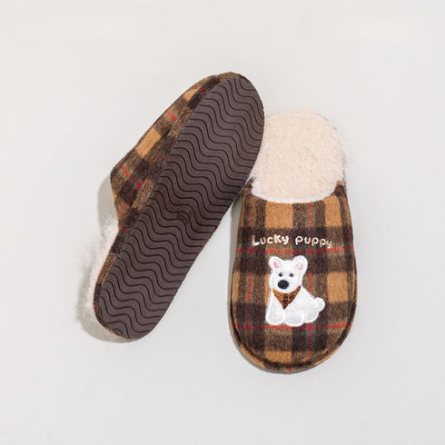 Plaid Puppy Embroidered Warm Slippers