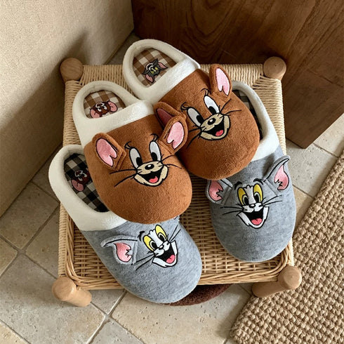 Cartoon Cat Mouse Plaid Slippers