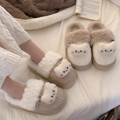 Cable Knit Cat Face Slippers