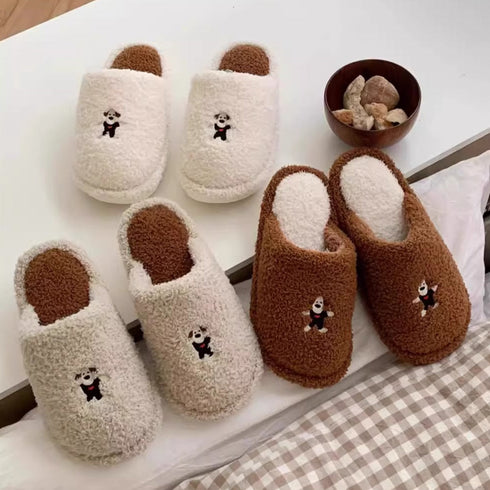 Whimsical Puppy Embroidered Fuzzy Slippers