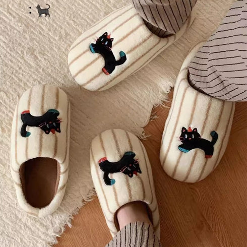 Wandering Black Cat Striped Slippers