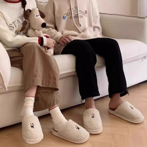 Whimsical Puppy Embroidered Fuzzy Slippers