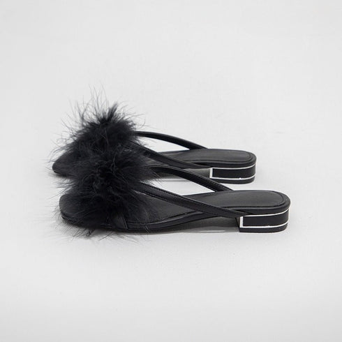 Chic Feather Trim Square Toe Slides