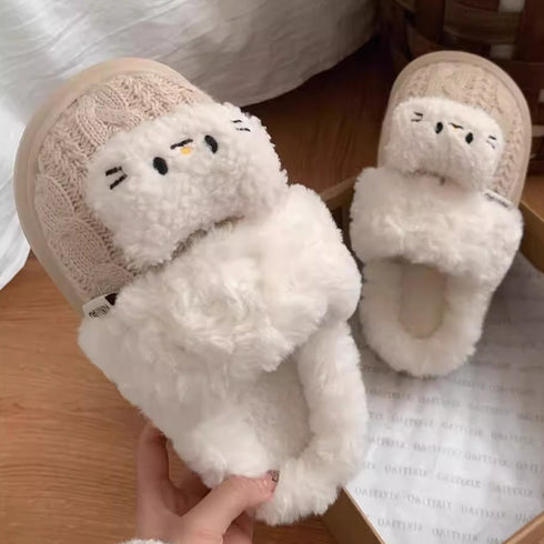 Cable Knit Cat Face Slippers