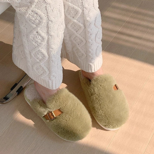 Fluffy Buckle Closed-Toe Slippers