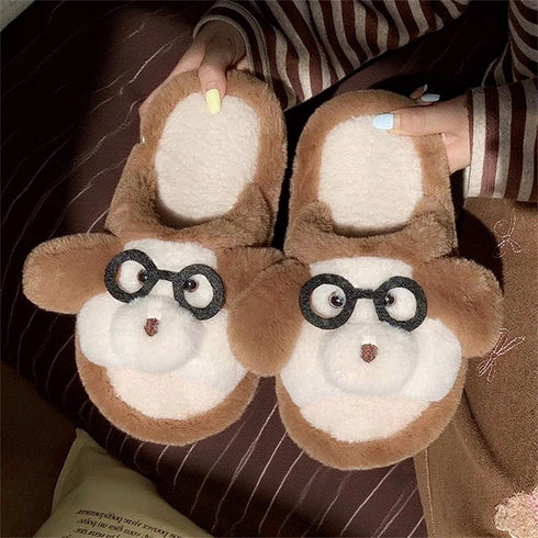 Spectacled Monkey Face Plush Slippers