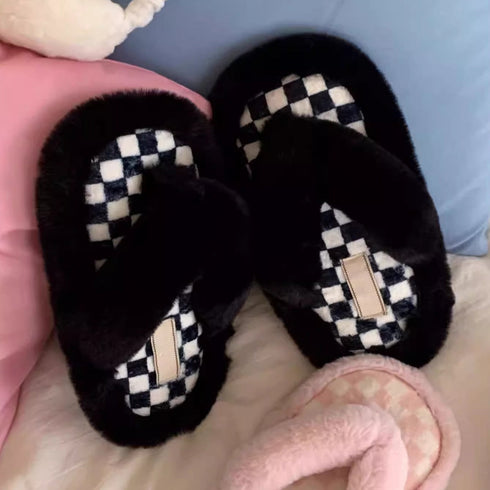 Fuzzy Checkerboard Plush Flip Flops