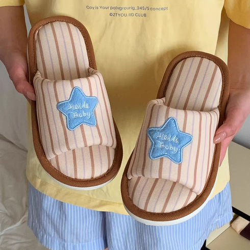 Striped Star Patch Linen Slippers
