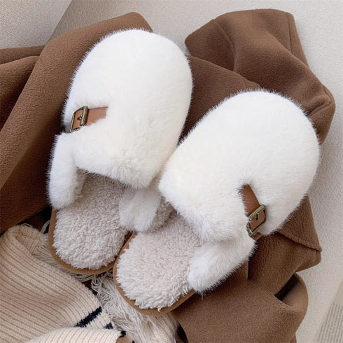 Fluffy Buckle Closed-Toe Slippers