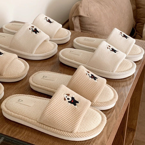 Dog-Embroidered Corduroy Home Slides