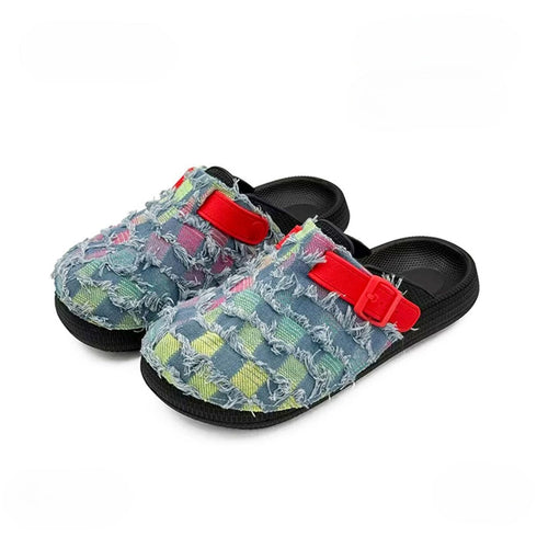 Frayed Checkerboard Buckle Strap Mules