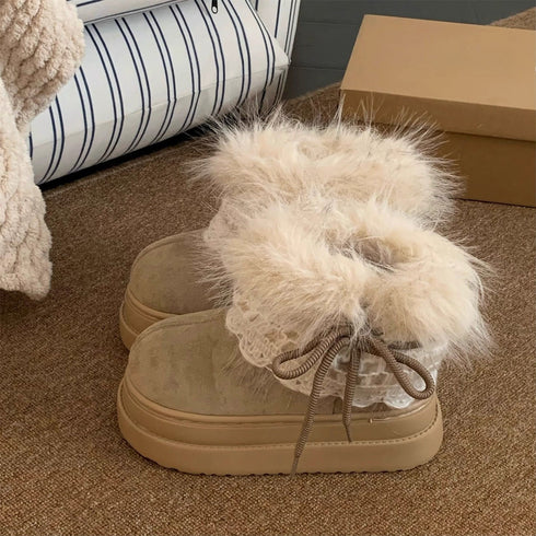 Fuzzy Lace Trim Platform Ankle Boots