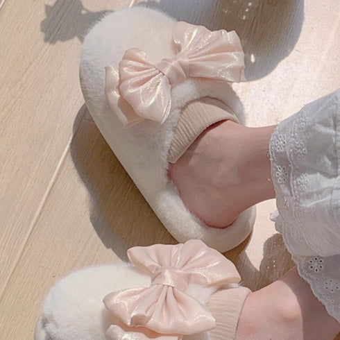 Oversized Bow Plush Home Slippers