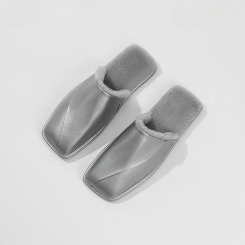 Faux-Fur Trim Dome-Toe Slippers