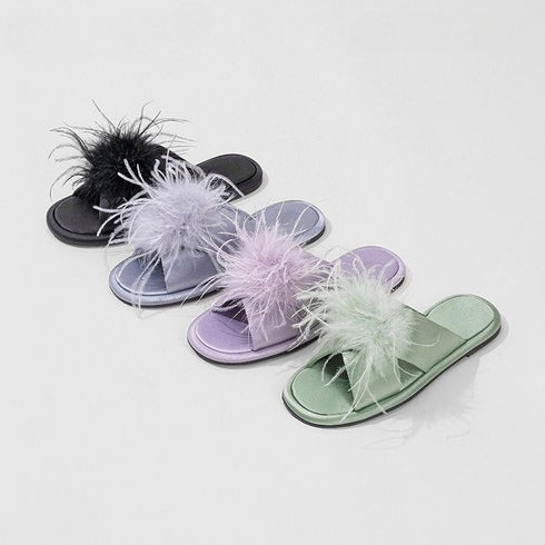 Elegant Feather Satin Flat Slides