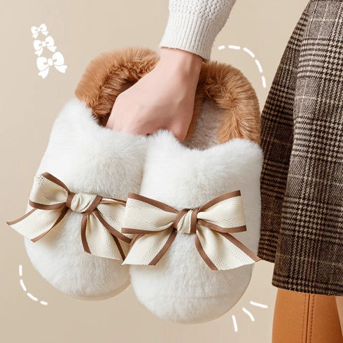Ribbon Bowknot Fuzzy Platform Slippers