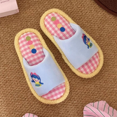 Playful Gingham Cartoon Home Slippers