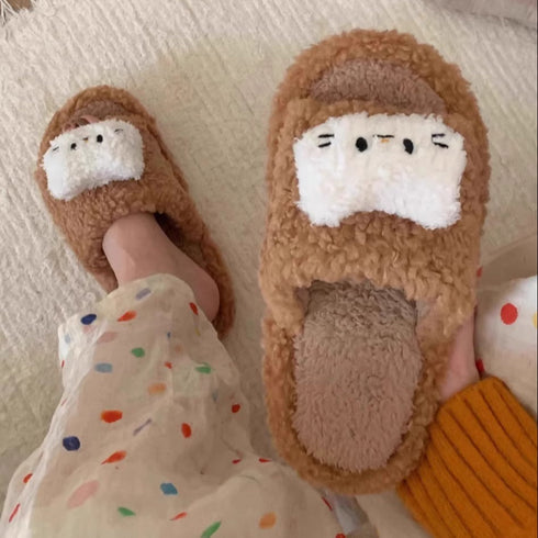 Cat Face Fuzzy Open-Toe slippers