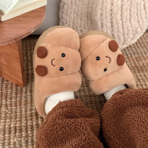 Croissant Face Plush Platform Slippers