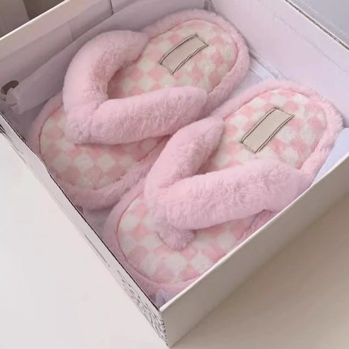 Fuzzy Checkerboard Plush Flip Flops