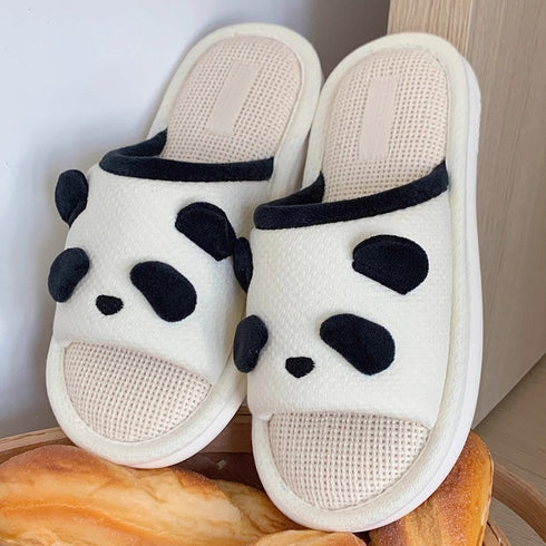 Fuzzy Panda Ear Linen Slides
