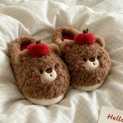 Apple Bear Fuzzy Platform Slippers