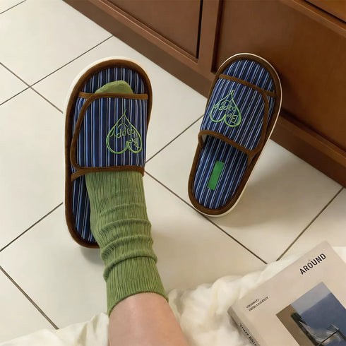 Retro Striped Heart Embroidery Slides