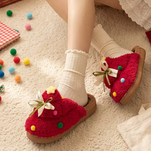 Christmas Tree Bowknot Plush Slippers